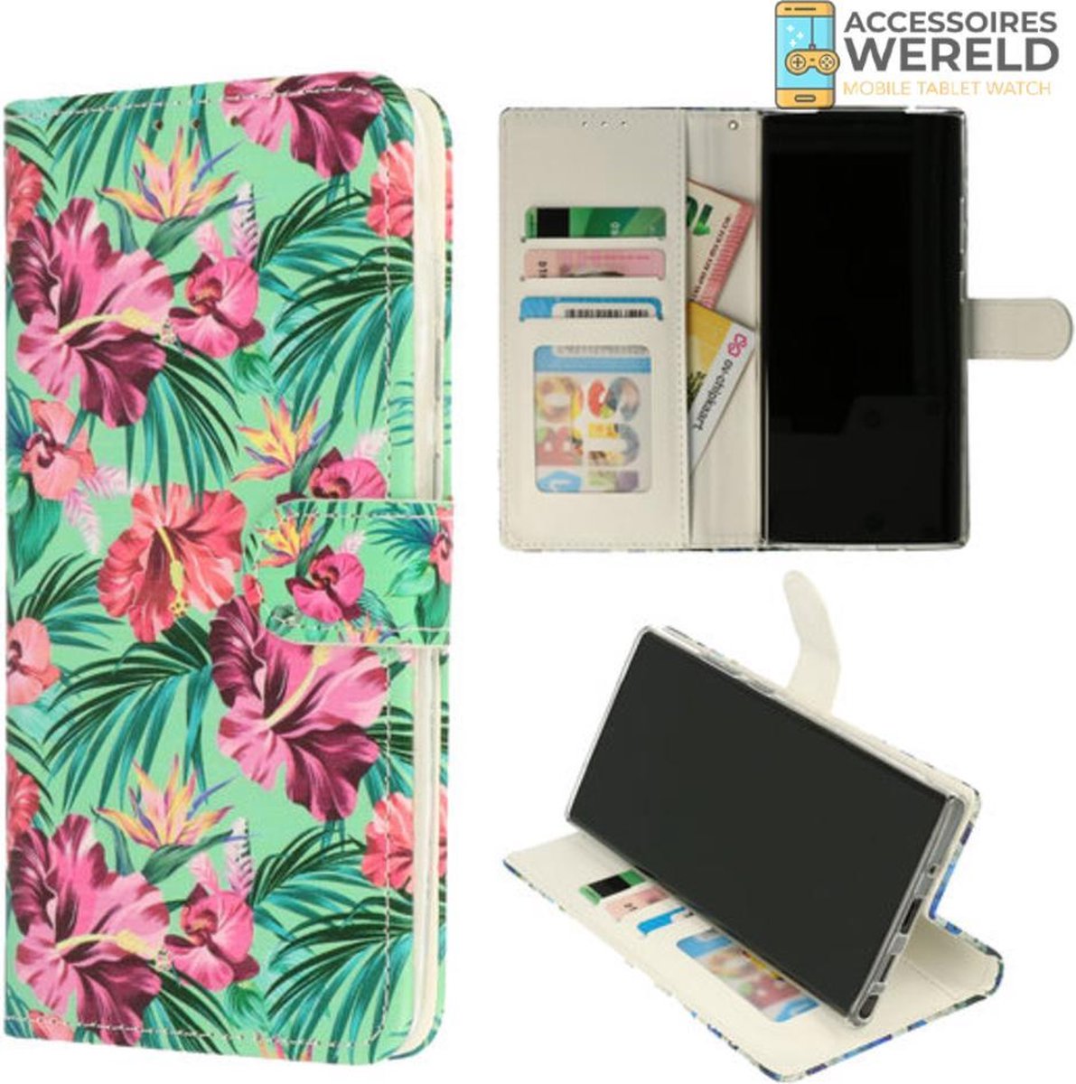 Bookcase Bloemen Tropical Groen Roze - Samsung Galaxy A52 4G / Samsung Galaxy A52 5G - Portemonnee hoesje