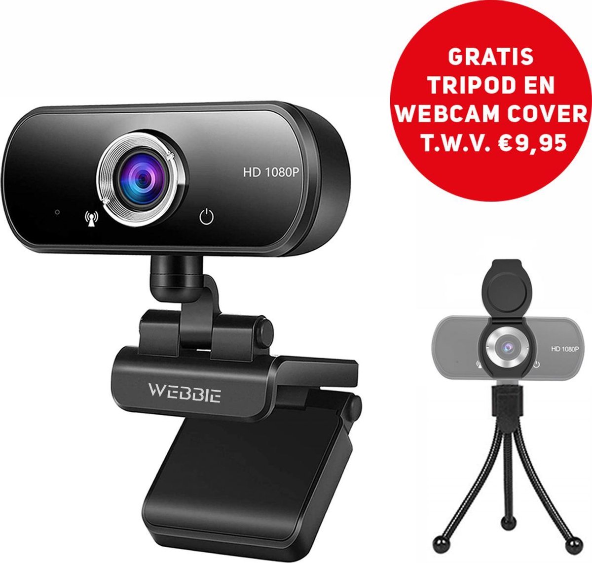 Webbie Webcam Voor PC- Webcam Met Microfoon - Webcams – Thuiswerken - Full HD 1080P Voor Helder Beeld en Geluid – Geschikt voor Windows en Mac - Inclusief Gratis Tripod en Webcam Cover