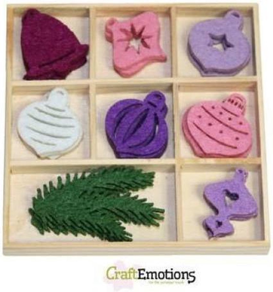 CraftEmotions Vilt ornament doosje Purple Holiday kerstballen 40 assorti  - box 10.5 x 10.5 cm