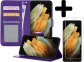 Samsung S21 Ultra Hoesje Book Case Met Screenprotector - Samsung Galaxy S21 Ultra Case Hoesje Wallet Cover Met Screenprotector - Paars