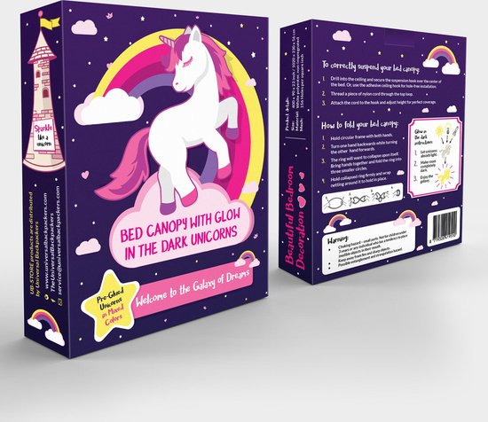 Klamboe met Glow in the Dark Eenhoorns - Hemelbed voor Kinderkamer of Volwassenen - Eenhoorn Sluier, Hemeltje en Bedtent - Baby Muggennet Bedhemel Decoratie — afbeelding 2