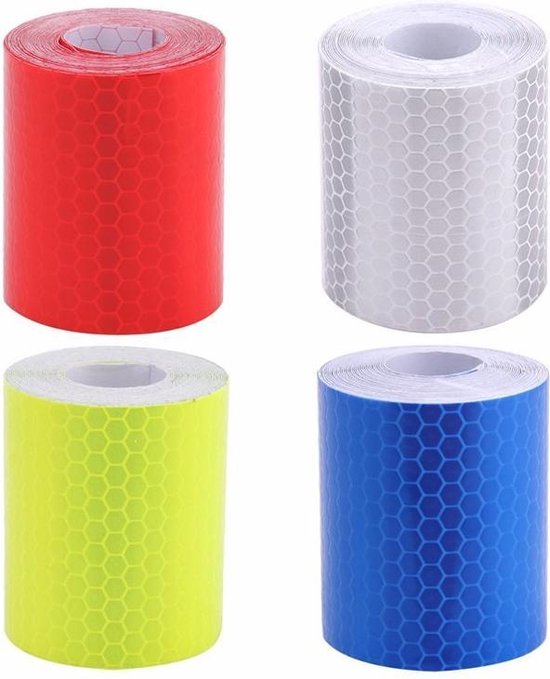 Vier rollen reflecterende tape in het rood, wit, geel en blauw, met honingraatpatroon.