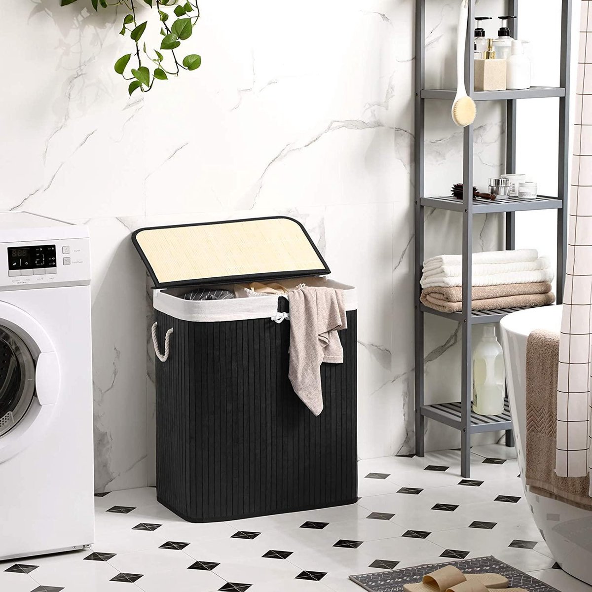 1x ou 2x Meuble en bambou avec étagères panier à linge intégré 43L