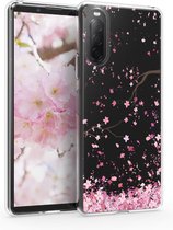 kwmobile telefoonhoesje voor Sony Xperia 10 II - Hoesje voor smartphone in poederroze / donkerbruin / transparant - Kersenbloesembladeren design