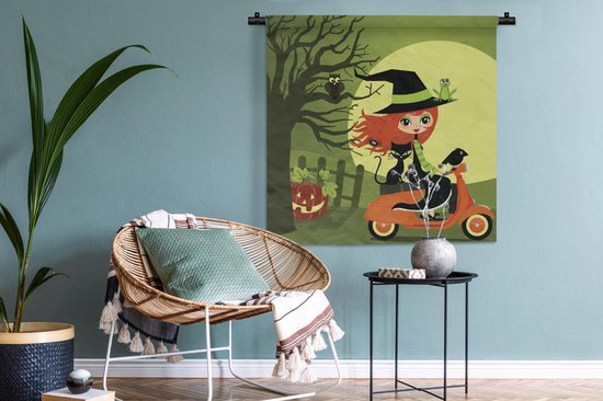 Tapisserie Illustration Vespa - Illustration d'une sorcière sur une Vespa Tapisserie coton 90x90 cm - Tapisserie avec photo