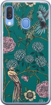 Samsung Galaxy A40 siliconen hoesje - Vogels Japanse bloemen - Soft Case Telefoonhoesje - Blauw - Bloemen