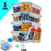Fitpreppers - Glazen meal prep bakjes 5 stuks - Inclusief siliconen vershouddeksels & recepten E-book - Maaltijdbakjes 3 vakken - Meal prep 3 compartimenten - Vershoud lunchbox - Vershouddoos