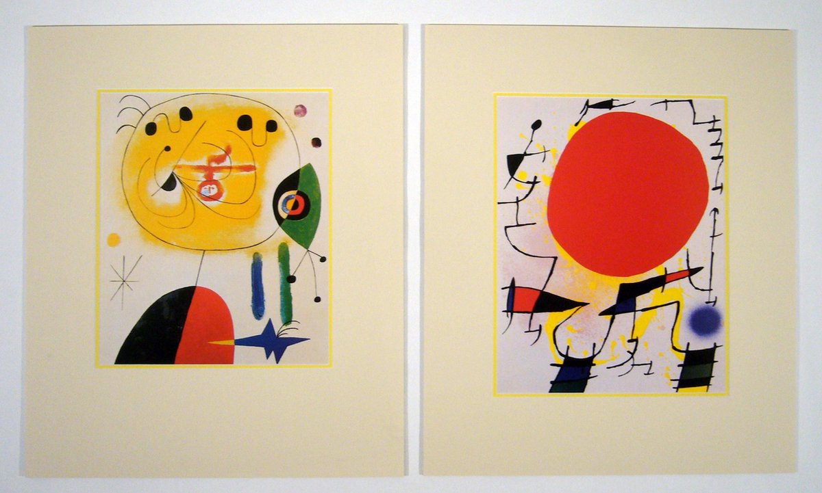 Catch Projecten Perfecte set van 2 Posters in dubbel passe-partout - Miro - Le soleil rouge & Et fixe les cheveux - Kunst -2x 50 x 60 cm Kleur