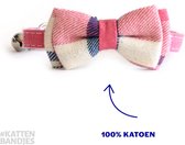 Katten halsband - strik - geruite stof - roze - veiligheidssluiting