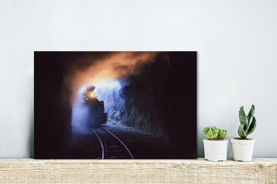 Stoomlocomotief komt een tunnel binnen Canvas 30x20 cm - klein - Foto print op Canvas schilderij (Wanddecoratie woonkamer / slaapkamer)
