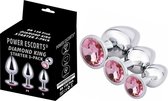 Power Escorts Diamond King Starter Anaal Plug Set 3-Pack - S, M & L - Silver / Pink Stone - Plug met Rose steen