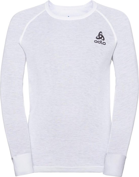 Wit Odlo Active Warm Eco kinder thermoshirt met lange mouwen en geborduurd logo.