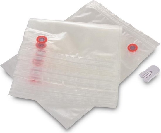 Deux sacs sous vide transparents avec des valves rouges et un clip blanc. Les sacs sont vides et ont une texture côtelée.