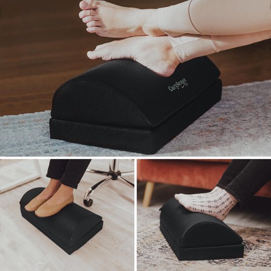 Collage van een zwarte ergonomische voetensteun. Boven: voeten met panty's rusten op de steun. Links: vrouw met platte schoenen. Rechts: vrouw met sokken.