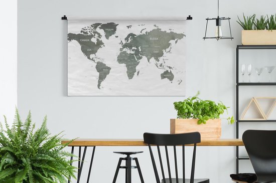 Wandkleed WereldkaartenKerst illustraties - Wereldkaart met grijze waterverf en de namen van landen op een witte achtergrond Wandkleed katoen 120x80 cm - Wandtapijt met foto