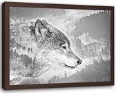 Foto in frame , Grijze wolf  ,120x80cm , zwart wit , wanddecoratie , Premium print
