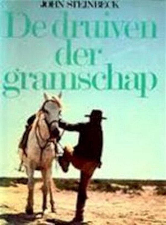 Couverture du livre 'Les Raisins de la colère' de John Steinbeck, avec un homme en tenue de cowboy tenant un cheval blanc sellé.