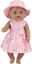 Dolldreams Poppenkleding set - Zomers roze jurkje en hoed met bloemen - Past op poppen tot 43CM - geschikt voor baby born