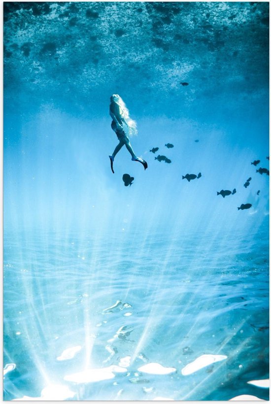 Poster - Vrouw tussen de Vissen in de Zee - Foto op Posterpapier