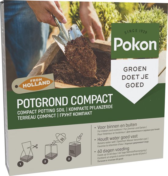 Verpakking van Pokon Potgrond Compact met de tekst "From Holland".