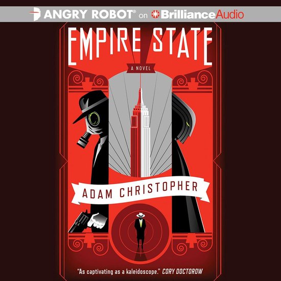 Boek 'Empire State' met een rode achtergrond, een gasmasker, een pistool en de Empire State Building.
