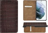 Samsung S21 hoesje - Bookcase - Samsung Galaxy S21 hoesje - Portemonnee Wallet case Ultra dun Echt leer Croco Bruin