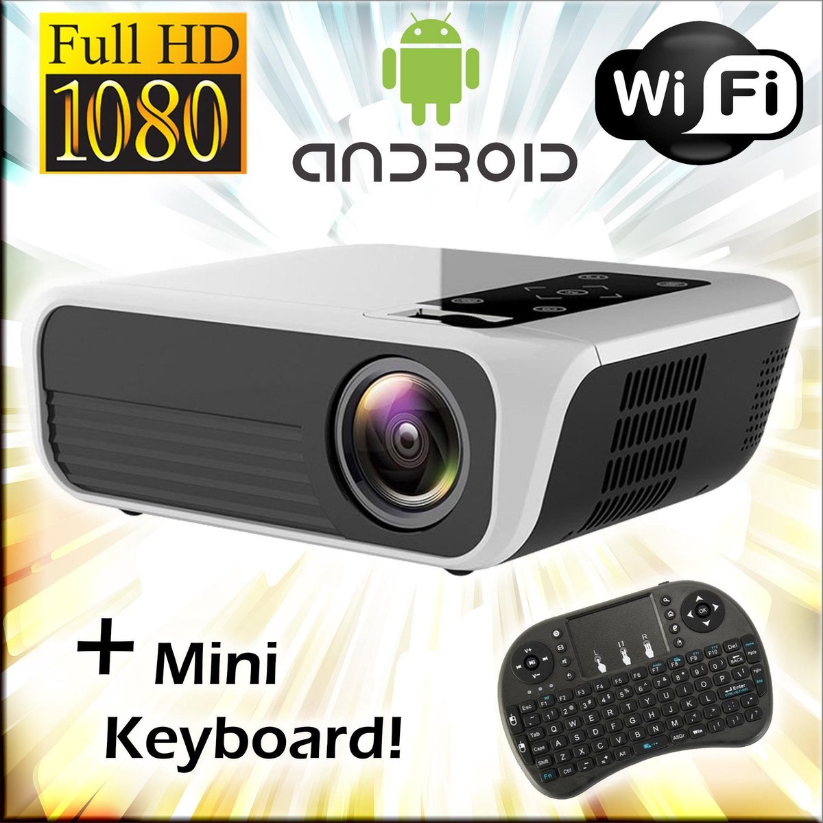 Full HD beamer / 1080p projector + Android 7.1 + Wifi +Digital Keystone + Phone mirroring + Bluetooth + mini keyboard! - Hometheater