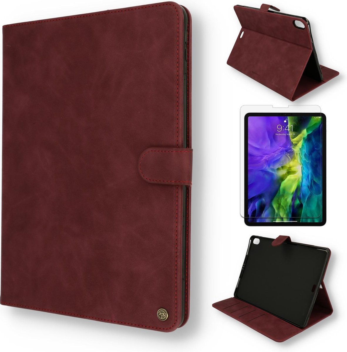 Casemania Hoes Geschikt voor Apple iPad Air 2020 - Air 4 10.9 inch (2020) Bordeau Red - Book Case met Magneetsluiting & Glazen Screenprotector