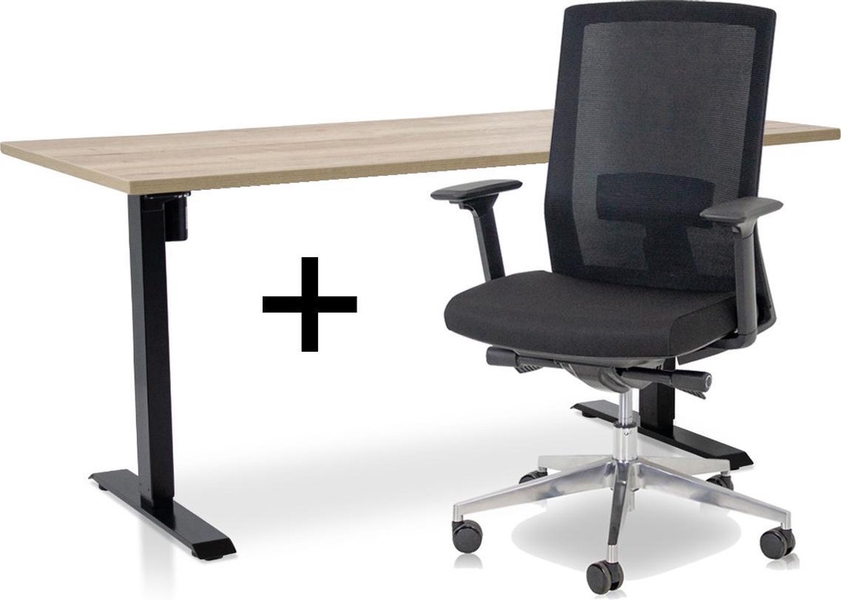Zit-sta bureau elektrisch verstelbaar + ERGO Bureaustoel | ARBO EASY Thuiswerkset | frame bureau zwart - bureaublad robuust eiken | 160x80 cm