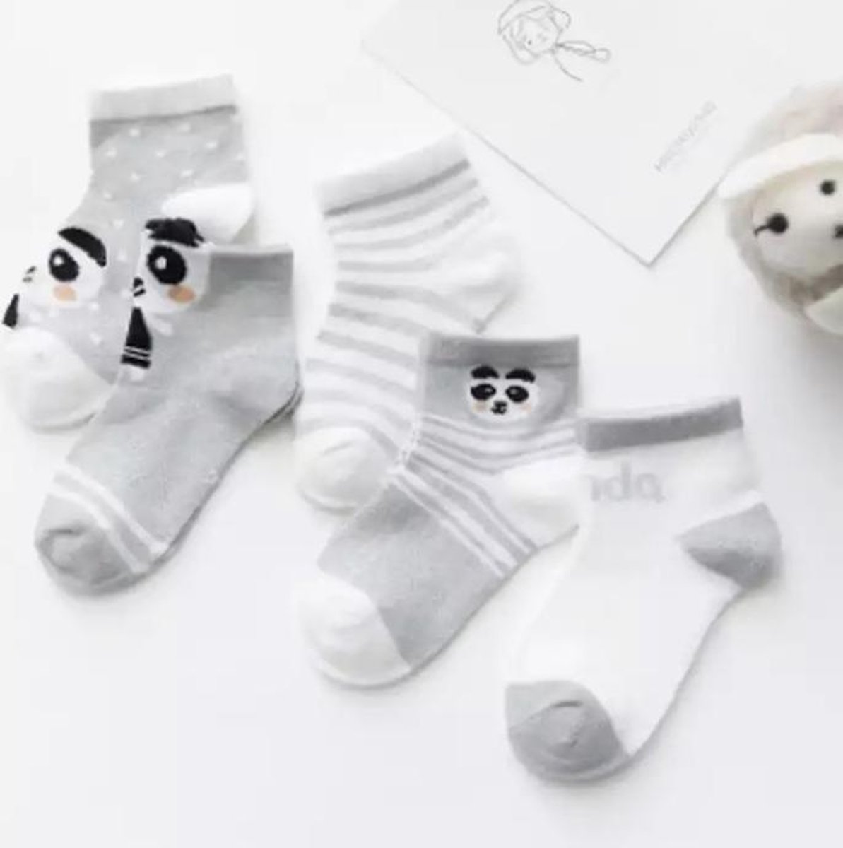 5 paar New born Baby sokken - set babysokjes - 0-6 maanden - grijze babysokken - panda sokken - pandabeer - pandaberen - multipack - dierensokken - Merkloos