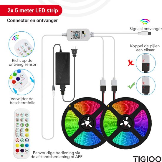 TIGIOO LED strip 10 meter - Wifi Lichtstrip met 16 kleuren - Dimbaar -  incl. App &... | bol.com