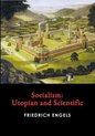 Boekomslag met de titel 'Socialism: Utopian and Scientific' door Friedrich Engels, afgebeeld met een utopische stad.