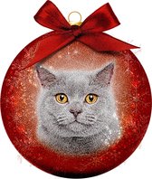 1x Kunststof rode dieren kerstballen met grijze kat/poes 8 cm