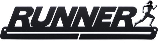 Luxe Medaillehanger Runner Vrouw Zwart 36cm - Medailles ophangen - Hardlopen - Uniek cadeau om te geven en te krijgen - Nederlands product - Medailleophangen.nl