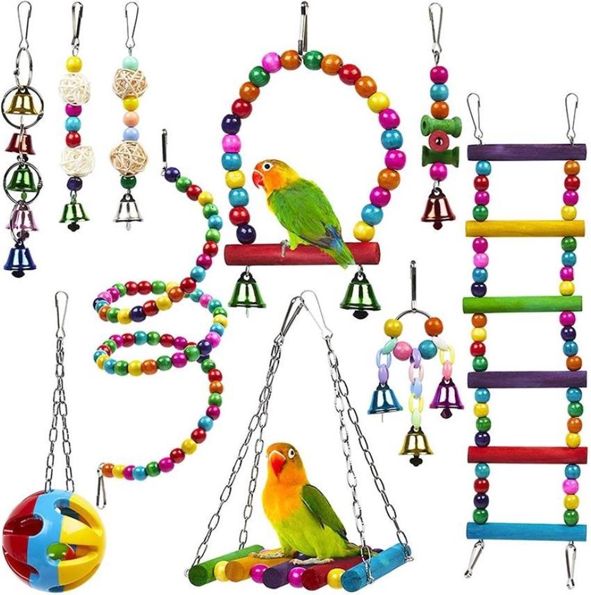 Pakket met 10 stuks kleurrijk vogelspeelgoed - parkieten en kleine papegaaien - Merkloos