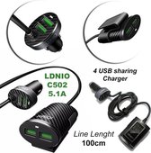 Autolader 4 X USB Poort aansluiting 5.1A 4 maal USB oplaadpunt 1 Meter voor smartphone telefoon opladen in auto - Autolader