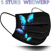Vlinder wegwerp mondmaskers - Mooi blauw - per 5 stuks