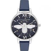 Olivia Burton Celestial 3D Bee Midnight navy - Dameshorloge - OB16GD04 - Blauw - Zilver - Lederen horlogeband - 34 MM