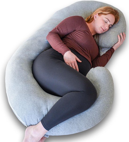 Ella Zwangerschapskussen XXL C-vorm - Voedingskussen - Zijslaapkussen - Lichaamskussen - Body Pillow - Afneembare Jersey Katoenen Hoes - 150x70cm - Lichtgrijs