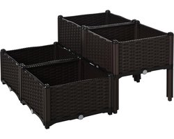 Set van 4 vierkante bloembak op poten - Plantenbak vierkant - Rattan look - 4 stuks - Bruin