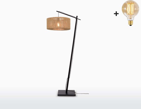 Vloerlamp - IGUAZU - Jute - Zwart Voetstuk - Small Kap (50x22 cm) - Met LED-lamp