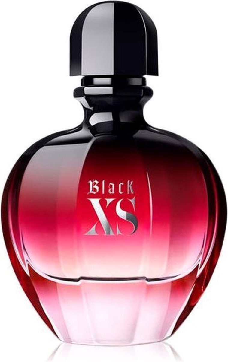 Paco Rabanne Black XS Eau de Parfum. Ronde fles, rood met zwarte dop.