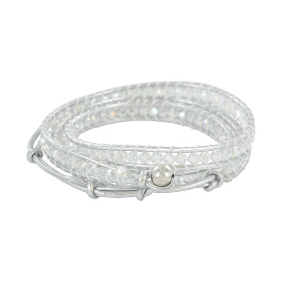 Silventi 910474385 Zilveren Armband - Dames - Wikkelarmband - Crystal - Leer - 75 cm - Zilver