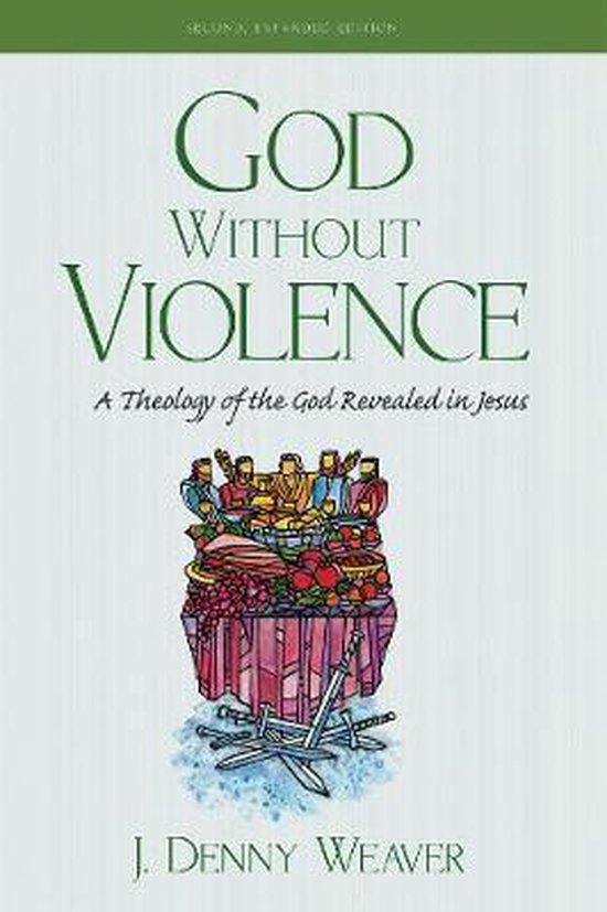 Boek 'God Without Violence' met een afbeelding van een rijkelijk gedekte tafel met mensen, onderaan liggen zwaarden.