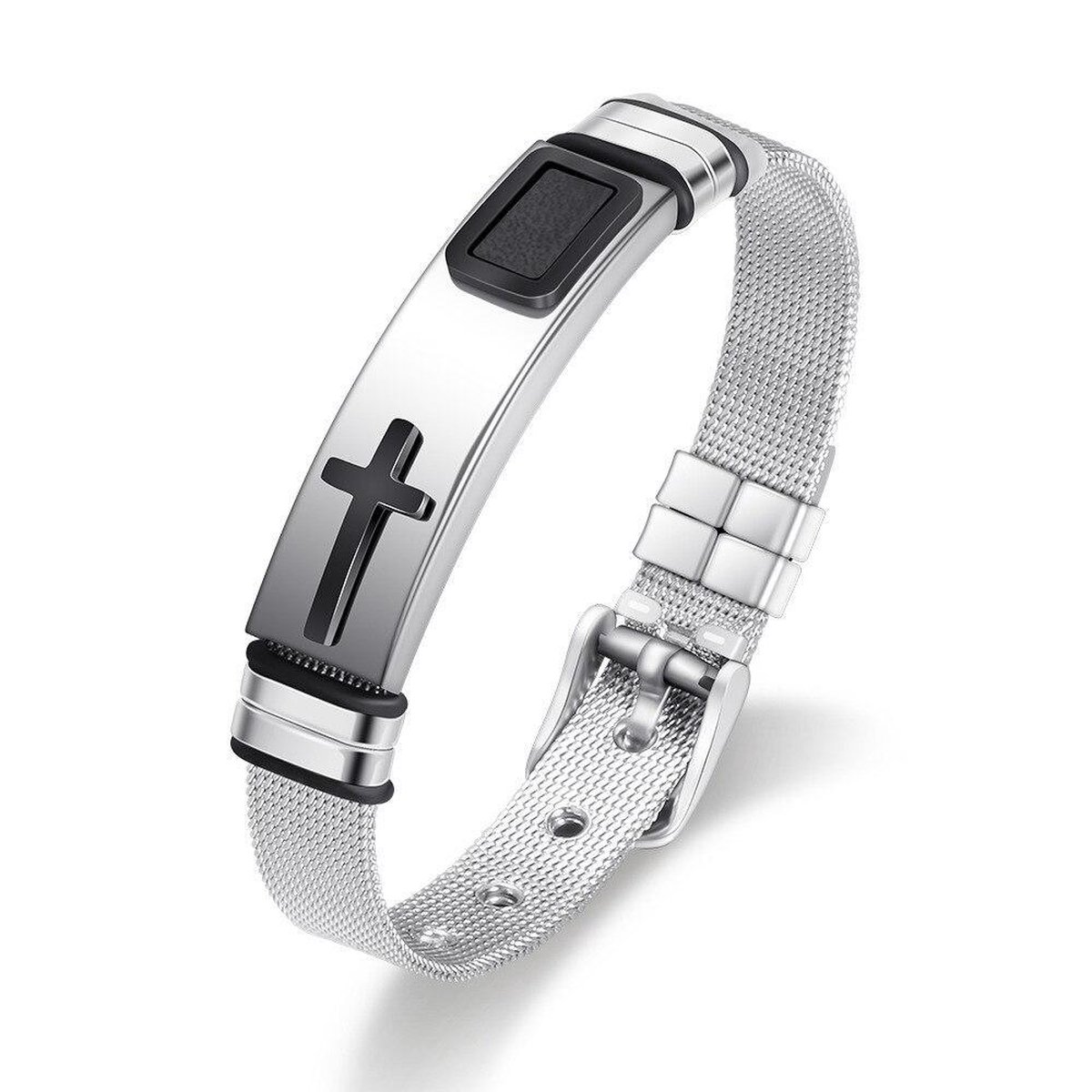 Amodi® Jewellery - Luxe Kruis Armband - Mesh - Zwart Kruisje - Verstelbaar - Zilverkleurig - Amodi