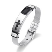 Amodi® Jewellery - Luxe Kruis Armband - Mesh - Zwart Kruisje - Verstelbaar - Zilverkleurig