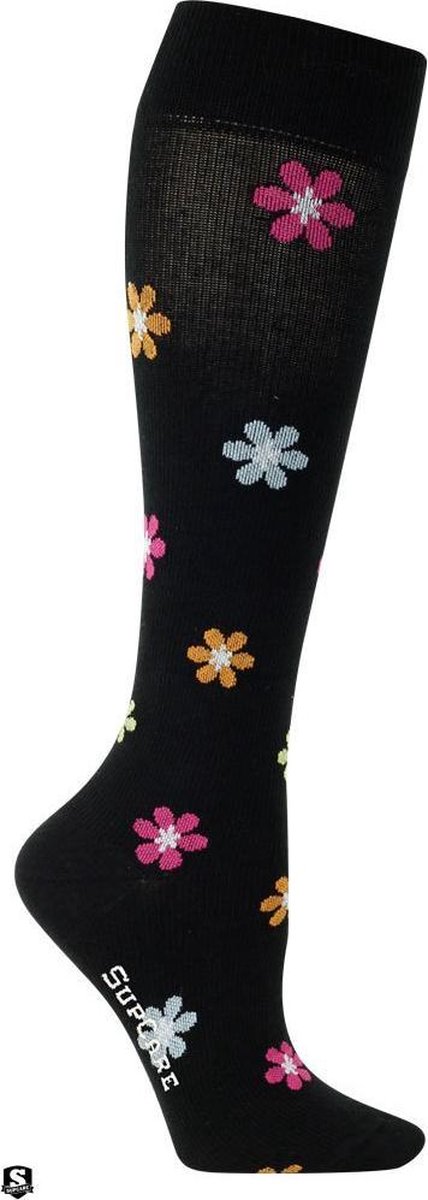 Supcare compressiekousen maat M (40-42) – zwart met bloemetjes – trendy compressie sokken – steunkousen – ademend – gezwollen, vermoeide en pijnlijke benen & voeten – spataderen - dagelijks gebruik – vliegreizen – zwangerschap – dames en heren