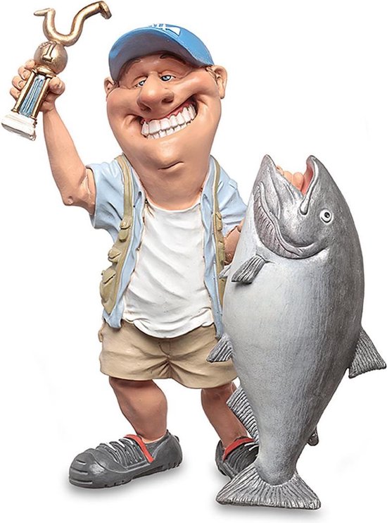 Grappige beroepen beeldje visser - sportvisser - afmeting 22 cm de komische wereld van karikatuur beeldjes –  komische beeldjes – geschenk voor – cadeau -gift -verjaardag kado