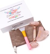 Grace & Hope - Quartz JadeRoller, Gua Sha et Mask Brush 3-en-1 Beauty Essentials - Massage du visage - Couleur rose - Coffret cadeau Femme - Rouleau facial - Avec sac de rangement gratuit pour maquillage