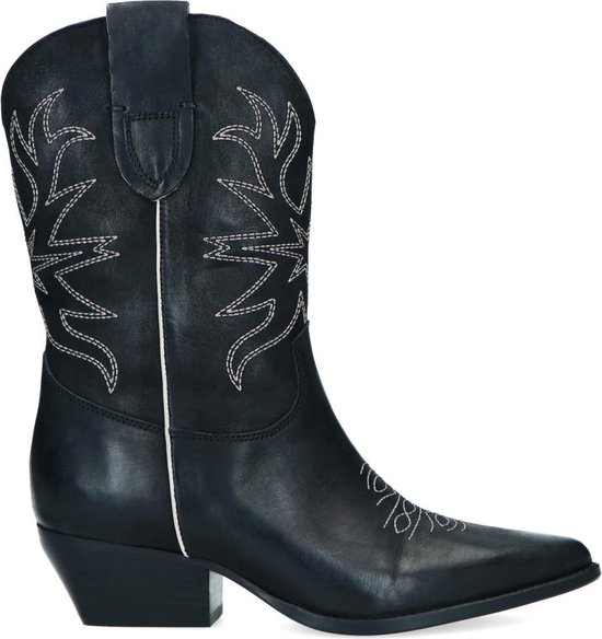 Sacha Dames Zwarte leren cowboylaarzen met witte stiksels Maat 39